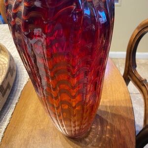 Vintage pinch pleat red and clear glass vase. In the style of Murano. Hand blown